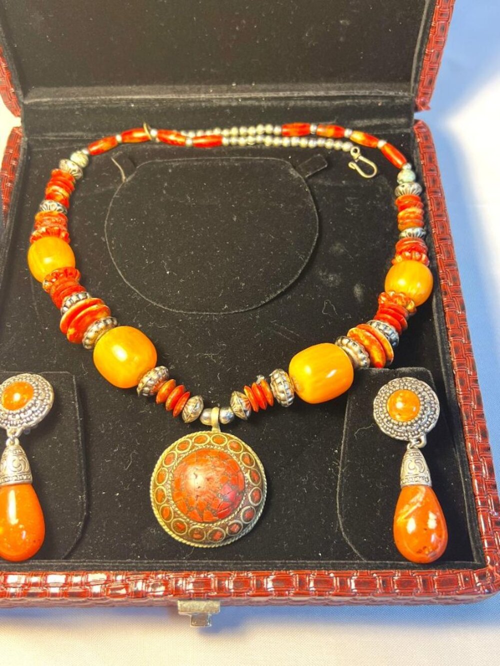 Tibetan Style Amber & Coral Bead Statement Necklace & Earring Set - SBD3